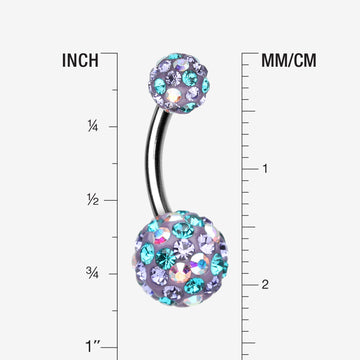 Detail View 1 of Retro Motley Multi-Gem Sparkle Belly Button Ring-Teal/Tanzanite/Aurora Borealis